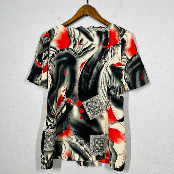 Vintage 80s Scallop Neck Blouse Button Up Short Sleeve Black Red - M - Picture 3 of 4